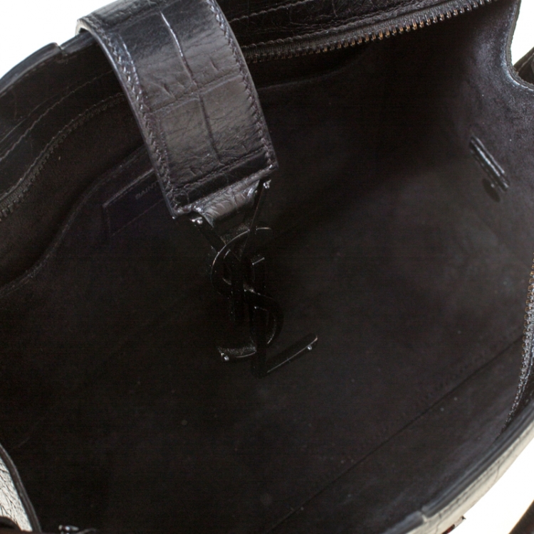 Pre Owned Saint Laurent Black Croc Embossed Leather Small Monogram Cabas Tote