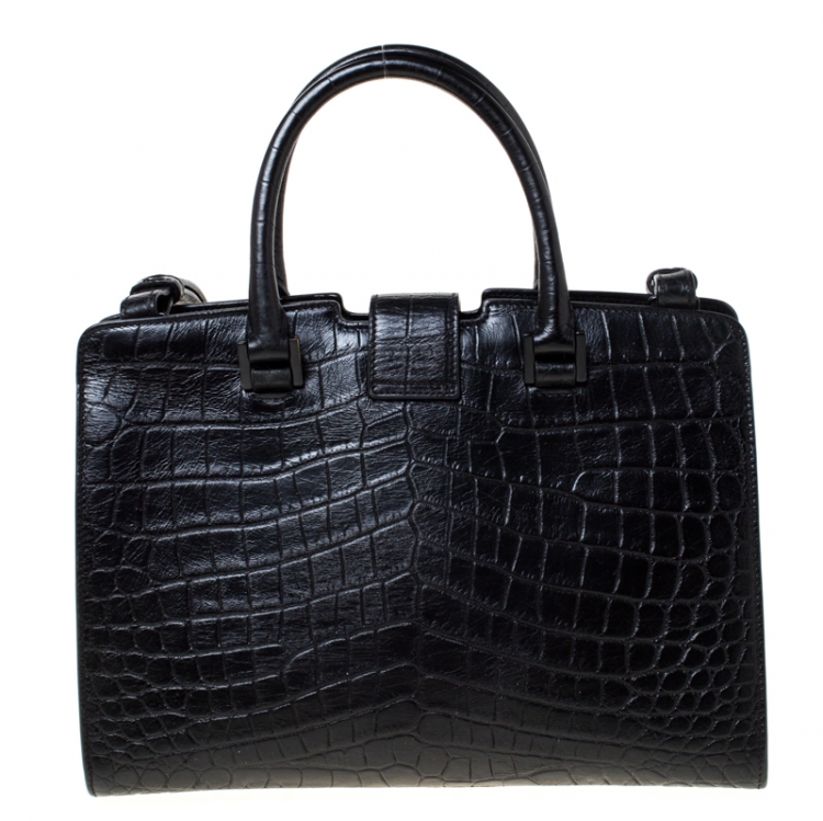 Pre Owned Saint Laurent Black Croc Embossed Leather Small Monogram Cabas Tote
