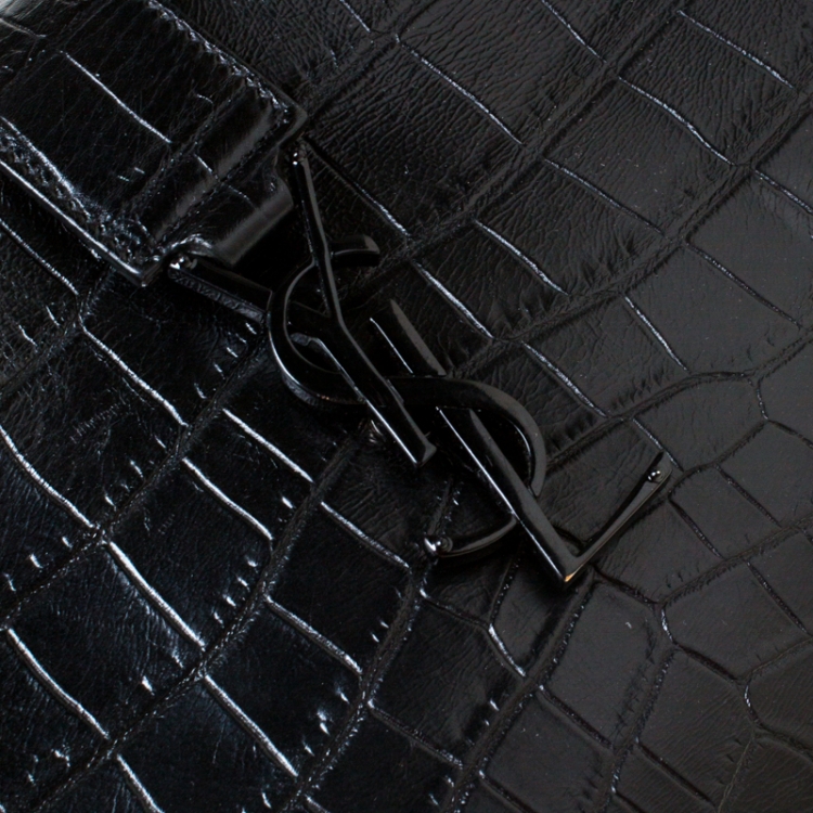 Pre Owned Saint Laurent Black Croc Embossed Leather Small Monogram Cabas Tote