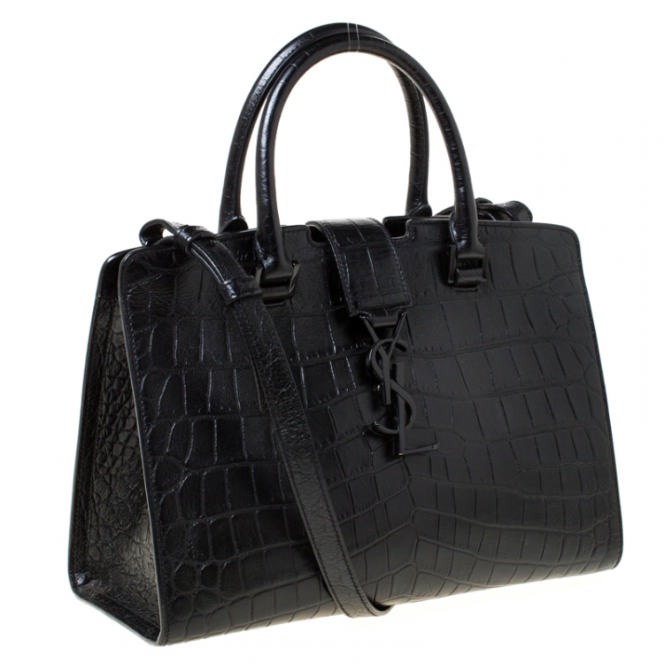 Pre Owned Saint Laurent Black Croc Embossed Leather Small Monogram Cabas Tote