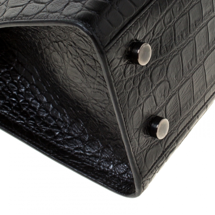 Pre Owned Saint Laurent Black Croc Embossed Leather Small Monogram Cabas Tote