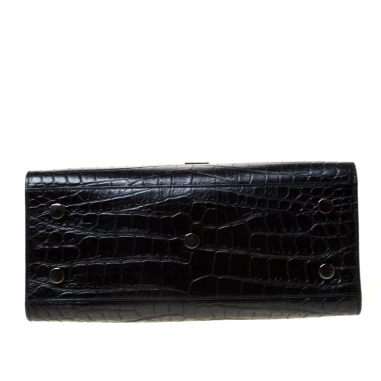 Pre Owned Saint Laurent Black Croc Embossed Leather Small Monogram Cabas Tote