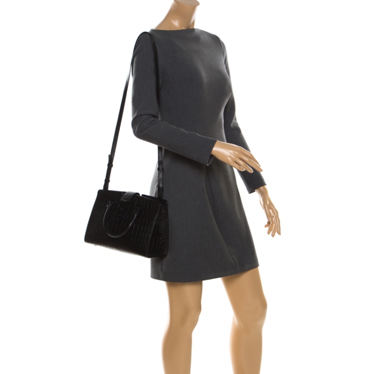 Pre Owned Saint Laurent Black Croc Embossed Leather Small Monogram Cabas Tote