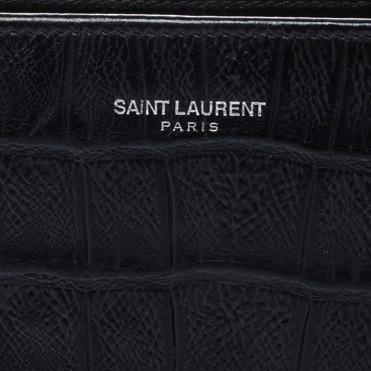 مملوكة مسبقًا Saint Laurent Black Crocodile Embossed Leather Zip Around Wallet