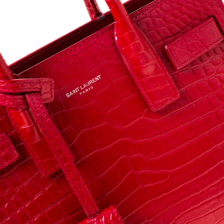 Pre Owned Saint Laurent Red Croc Embossed Leather Nano Classic Sac De Jour Tote