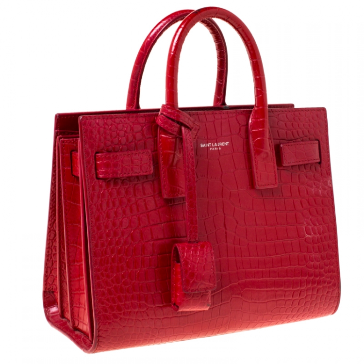 Pre Owned Saint Laurent Red Croc Embossed Leather Nano Classic Sac De Jour Tote