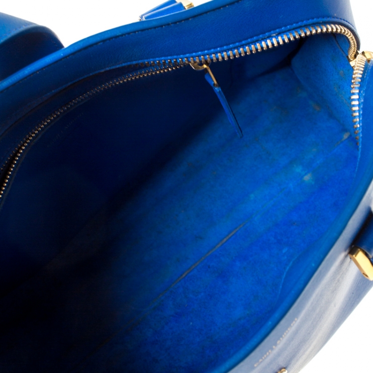 Pre Owned Saint Laurent Blue Leather Small Monogram Cabas Tote