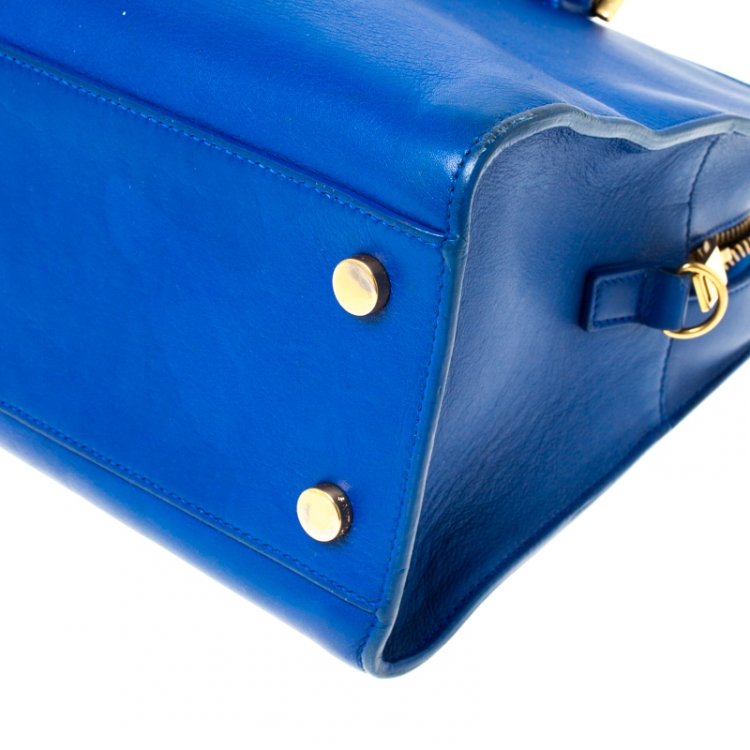 Pre Owned Saint Laurent Blue Leather Small Monogram Cabas Tote