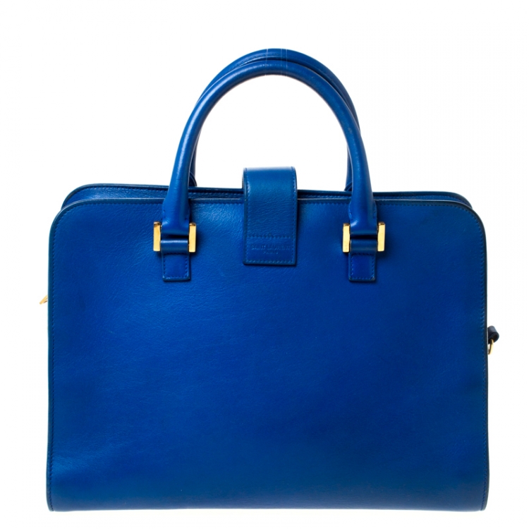 Pre Owned Saint Laurent Blue Leather Small Monogram Cabas Tote