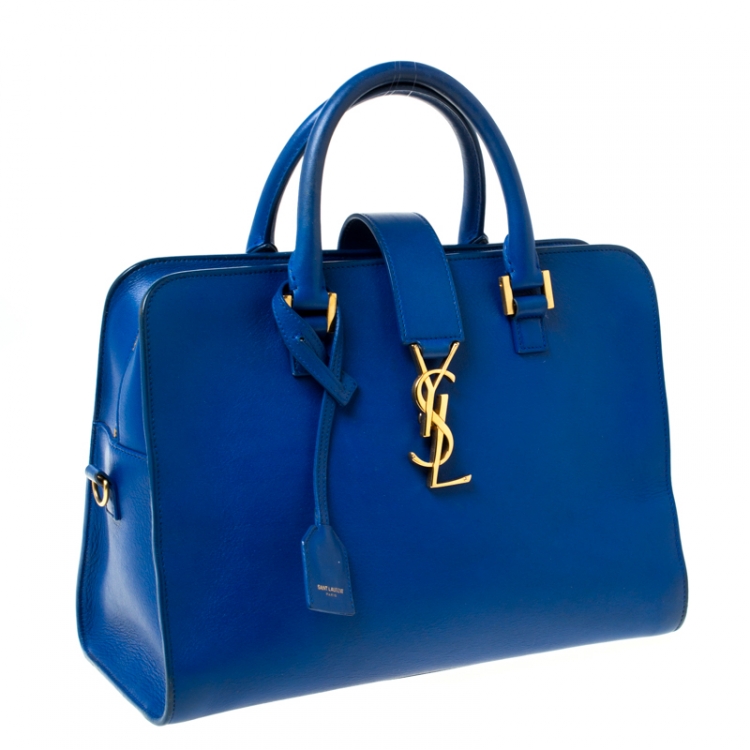 Pre Owned Saint Laurent Blue Leather Small Monogram Cabas Tote