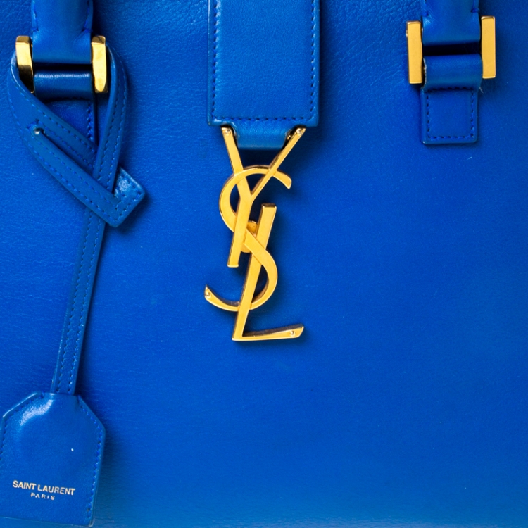Pre Owned Saint Laurent Blue Leather Small Monogram Cabas Tote