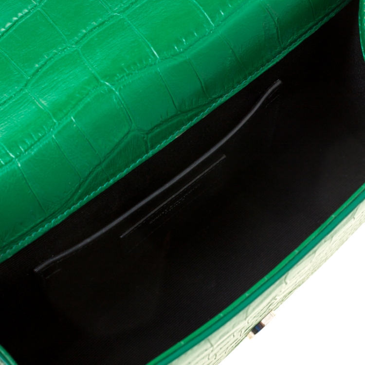 Pre Owned Saint Laurent Green Croc Embossed Leather Medium Kate Tassel Shoulder Bag