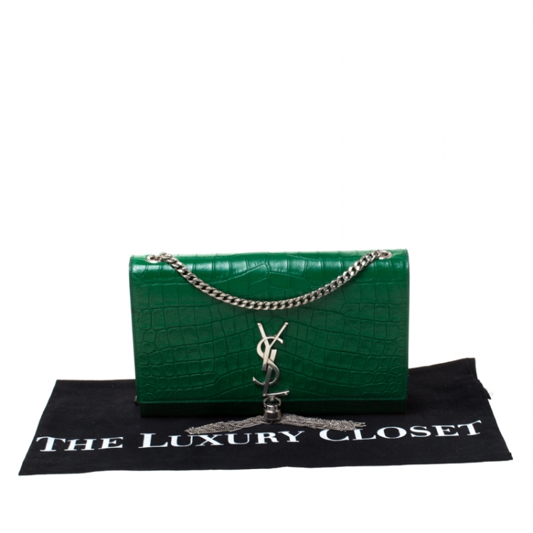 Pre Owned Saint Laurent Green Croc Embossed Leather Medium Kate Tassel Shoulder Bag