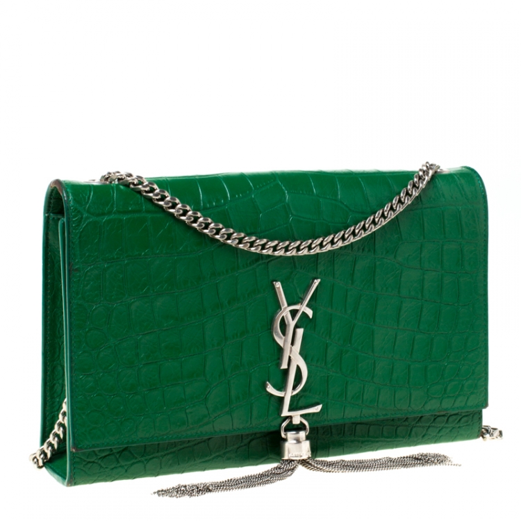 Pre Owned Saint Laurent Green Croc Embossed Leather Medium Kate Tassel Shoulder Bag