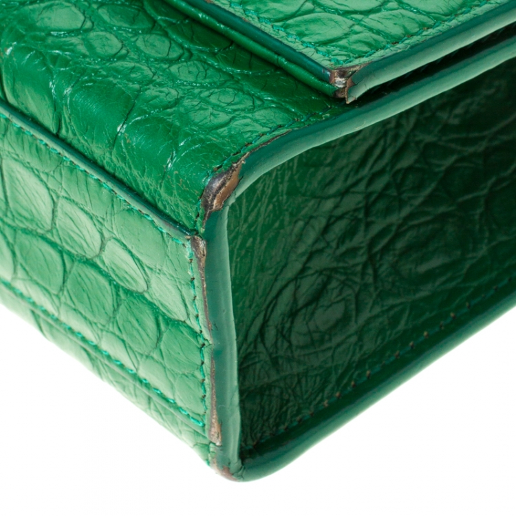 Pre Owned Saint Laurent Green Croc Embossed Leather Medium Kate Tassel Shoulder Bag