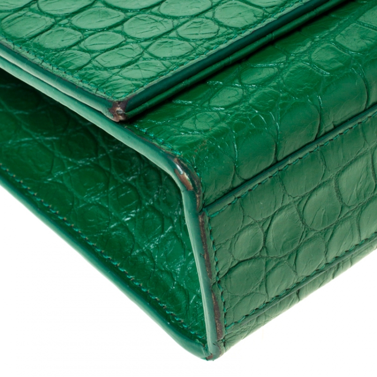 Pre Owned Saint Laurent Green Croc Embossed Leather Medium Kate Tassel Shoulder Bag