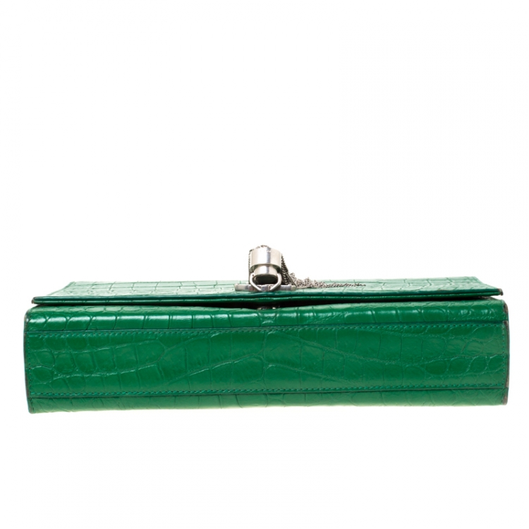 Pre Owned Saint Laurent Green Croc Embossed Leather Medium Kate Tassel Shoulder Bag
