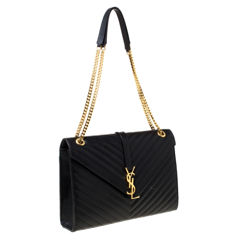 Pre Owned Saint Laurent Black Leather Monogram Envelope Shoulder Bag