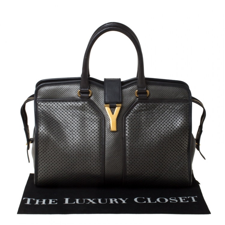 Pre Owned Saint Laurent Grey Perforated Leather Medium Cabas Chyc Tote