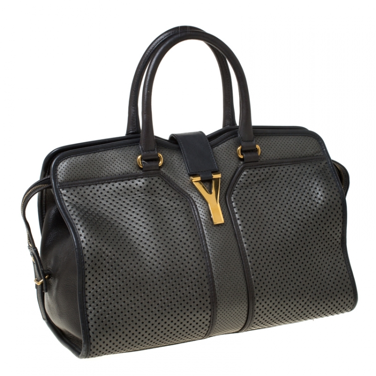 Pre Owned Saint Laurent Grey Perforated Leather Medium Cabas Chyc Tote