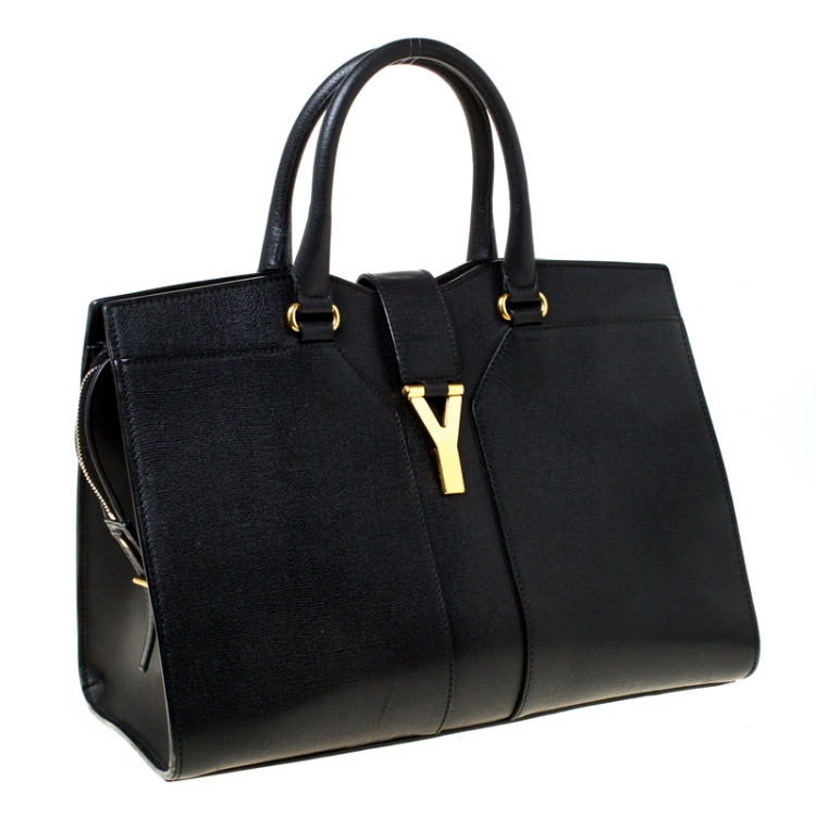 Pre Owned Saint Laurent Paris Black Leather Medium Cabas Chyc Tote          