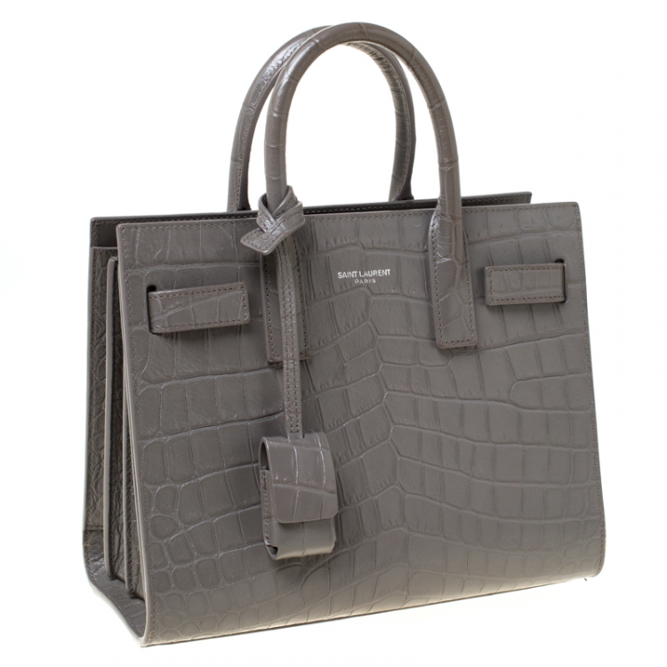 Pre Owned Saint Laurent Grey Croc Embossed Leather Nano Classic Sac De Jour Tote