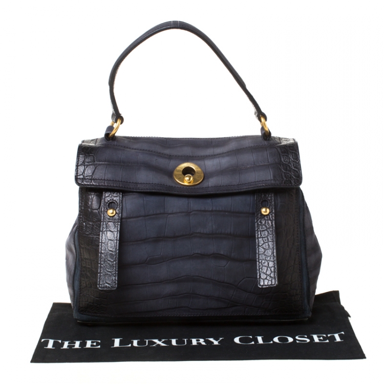 Pre Owned Saint Laurent Paris Navy Blue Croc Embossed Leather Medium Muse Two Satchel
