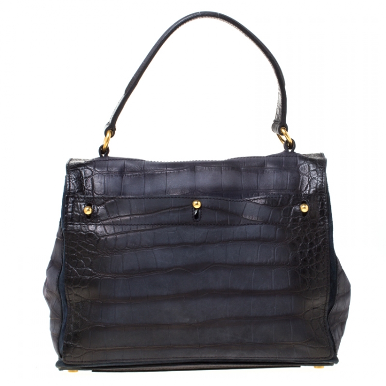 Pre Owned Saint Laurent Paris Navy Blue Croc Embossed Leather Medium Muse Two Satchel