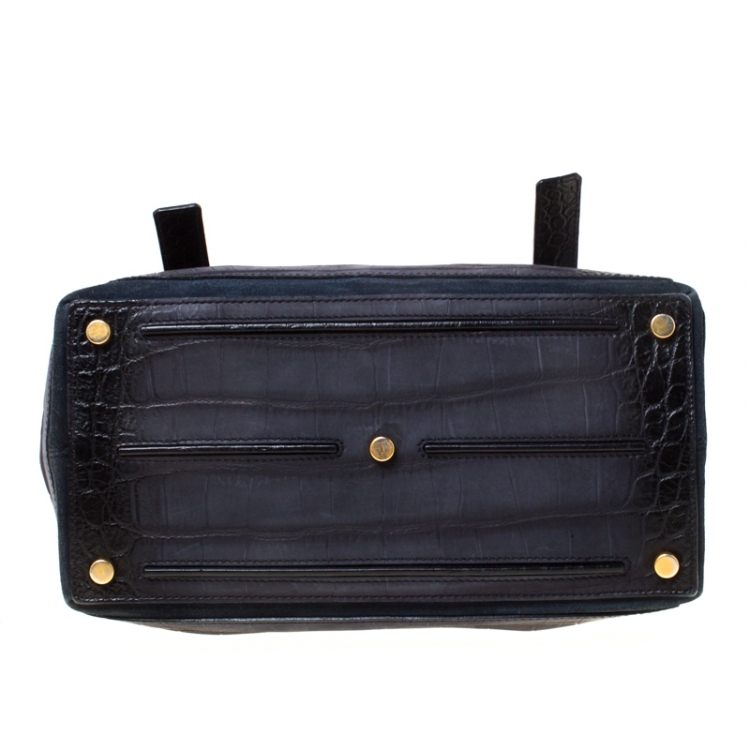 Pre Owned Saint Laurent Paris Navy Blue Croc Embossed Leather Medium Muse Two Satchel