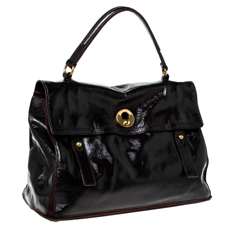 Pre Owned Saint Laurent Burgundy Patent Leather and Suede Muse Two Bag