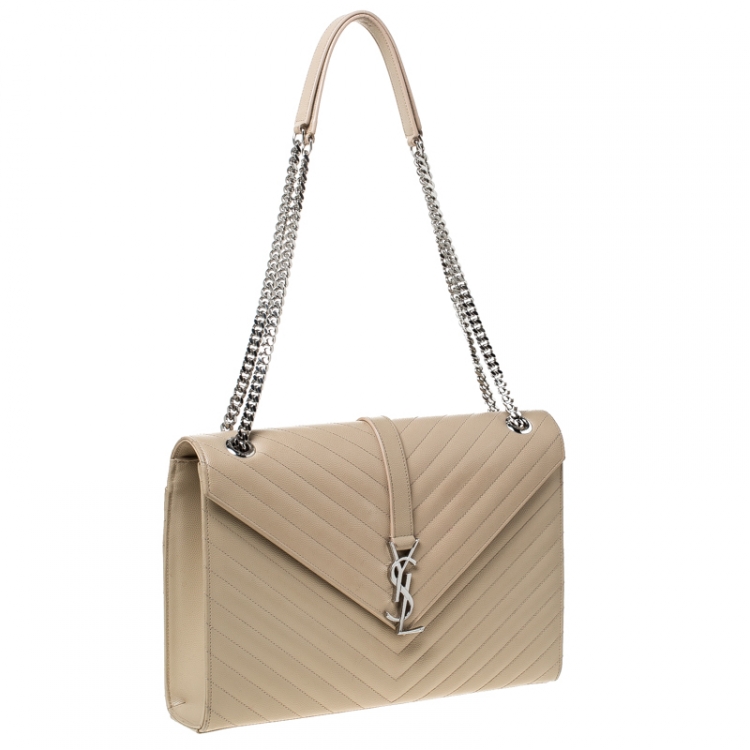Pre Owned Saint Laurent Paris Beige Matelasse Leather Large Cassandre Flap Bag
