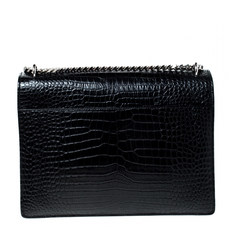 Pre Owned Saint Laurent Paris Black Crocodile Embossed Leather Large Sunset Shoulder Bag