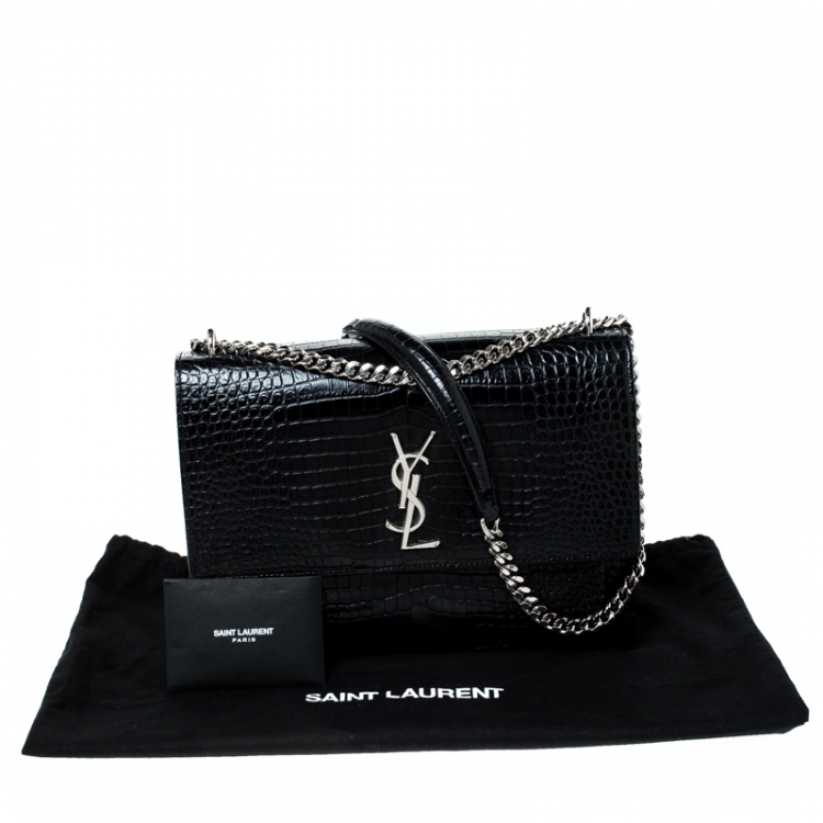 Pre Owned Saint Laurent Paris Black Crocodile Embossed Leather Large Sunset Shoulder Bag