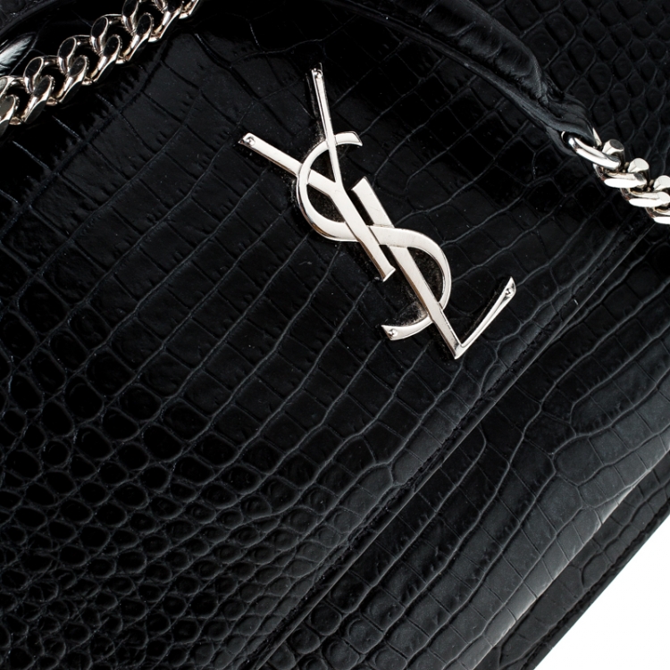 Pre Owned Saint Laurent Paris Black Crocodile Embossed Leather Large Sunset Shoulder Bag