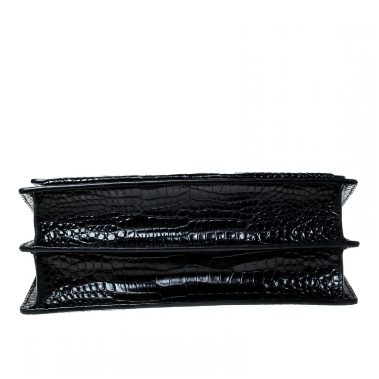 Pre Owned Saint Laurent Paris Black Crocodile Embossed Leather Large Sunset Shoulder Bag