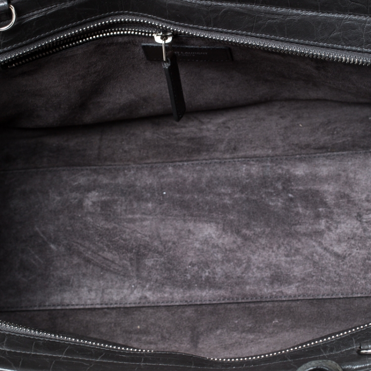 Pre Owned Saint Laurent Paris Dark Grey Crocodile Embossed Leather and Suede Small Cabas Rive Gauche Tote