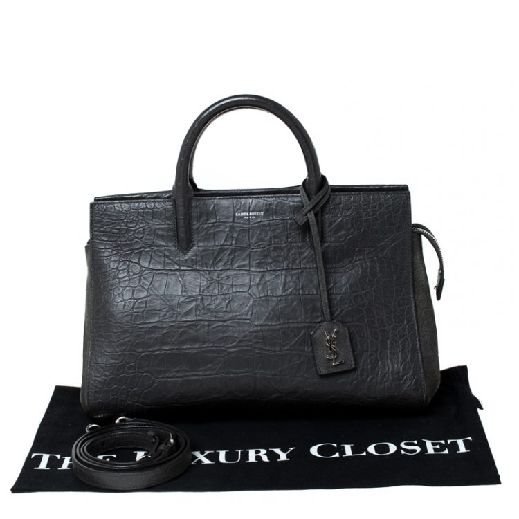 Pre Owned Saint Laurent Paris Dark Grey Crocodile Embossed Leather and Suede Small Cabas Rive Gauche Tote