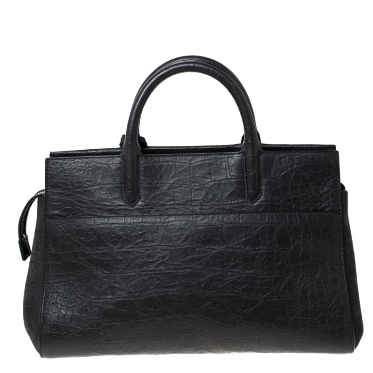 Pre Owned Saint Laurent Paris Dark Grey Crocodile Embossed Leather and Suede Small Cabas Rive Gauche Tote