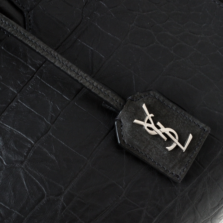 Pre Owned Saint Laurent Paris Dark Grey Crocodile Embossed Leather and Suede Small Cabas Rive Gauche Tote