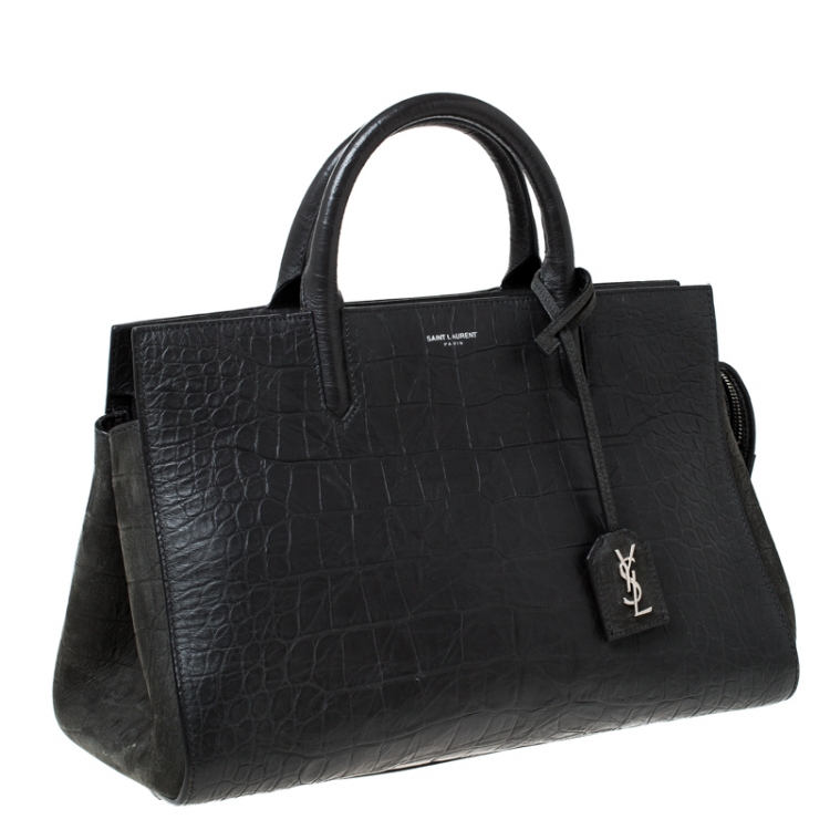 Pre Owned Saint Laurent Paris Dark Grey Crocodile Embossed Leather and Suede Small Cabas Rive Gauche Tote