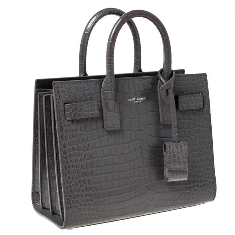 Pre Owned Saint Laurent Grey Croc Embossed Leather Nano Classic Sac De Jour Tote