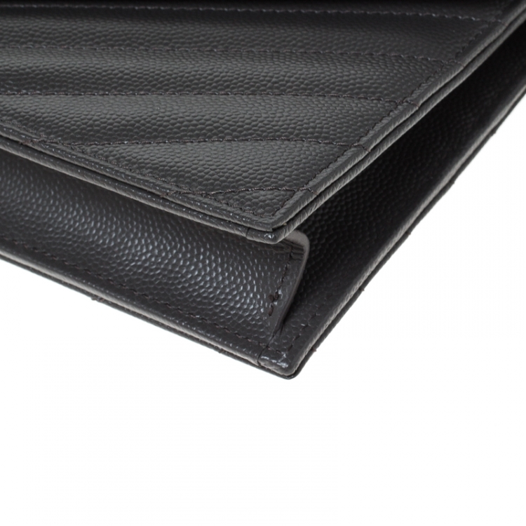 Pre Owned Saint Laurent Paris Dark Grey Chevron Leather Monogram Wallet on Chain