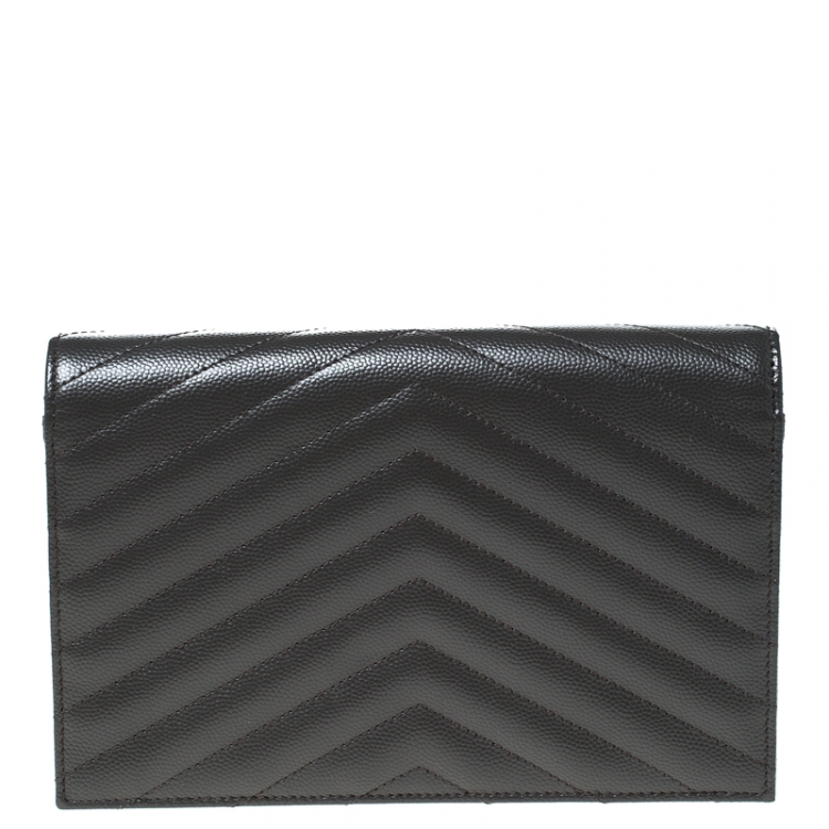 Pre Owned Saint Laurent Paris Dark Grey Chevron Leather Monogram Wallet on Chain