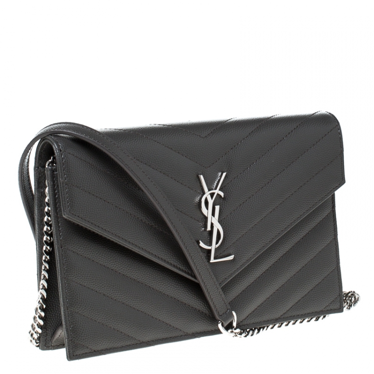 Pre Owned Saint Laurent Paris Dark Grey Chevron Leather Monogram Wallet on Chain
