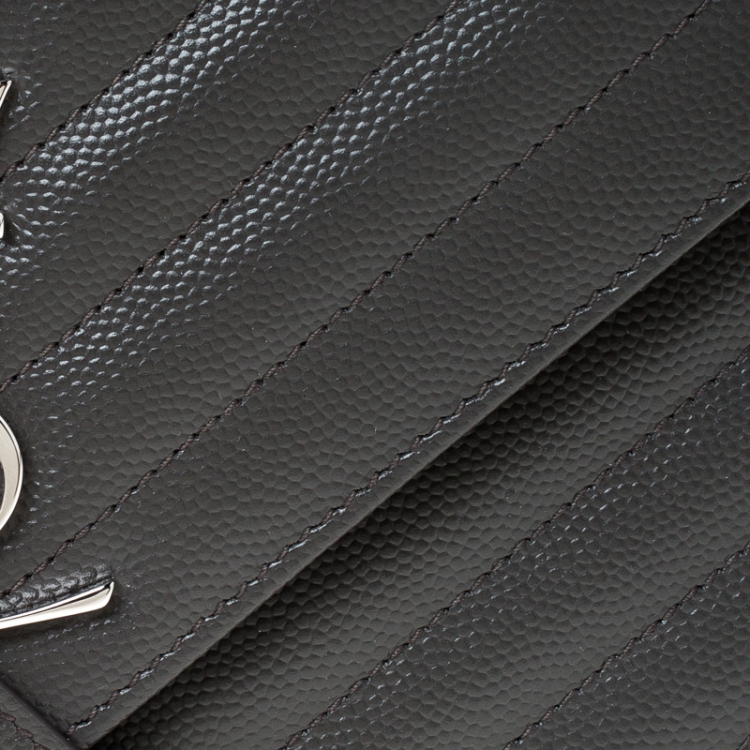 Pre Owned Saint Laurent Paris Dark Grey Chevron Leather Monogram Wallet on Chain