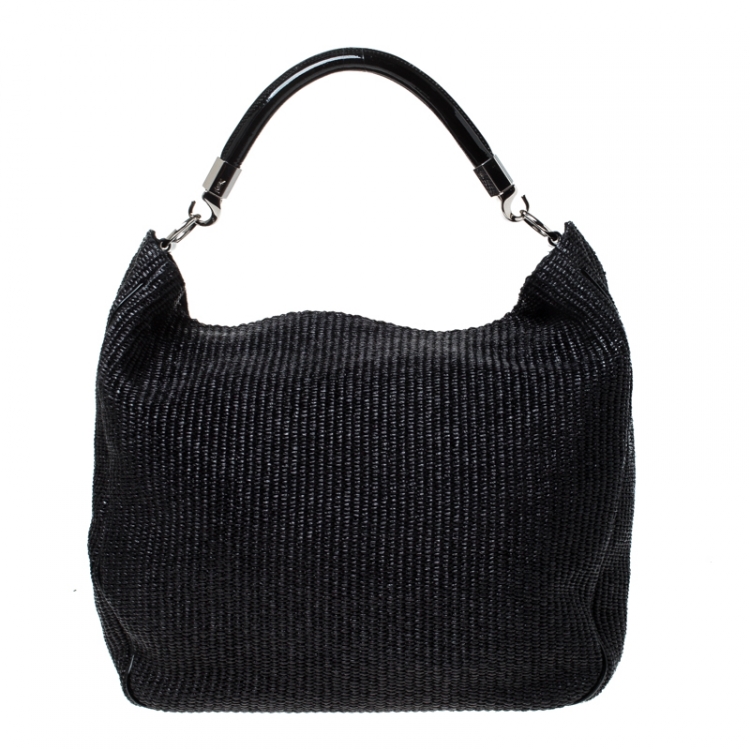Pre Owned Saint Laurent Paris Black Raffia and Patent Woven Roady Hobo