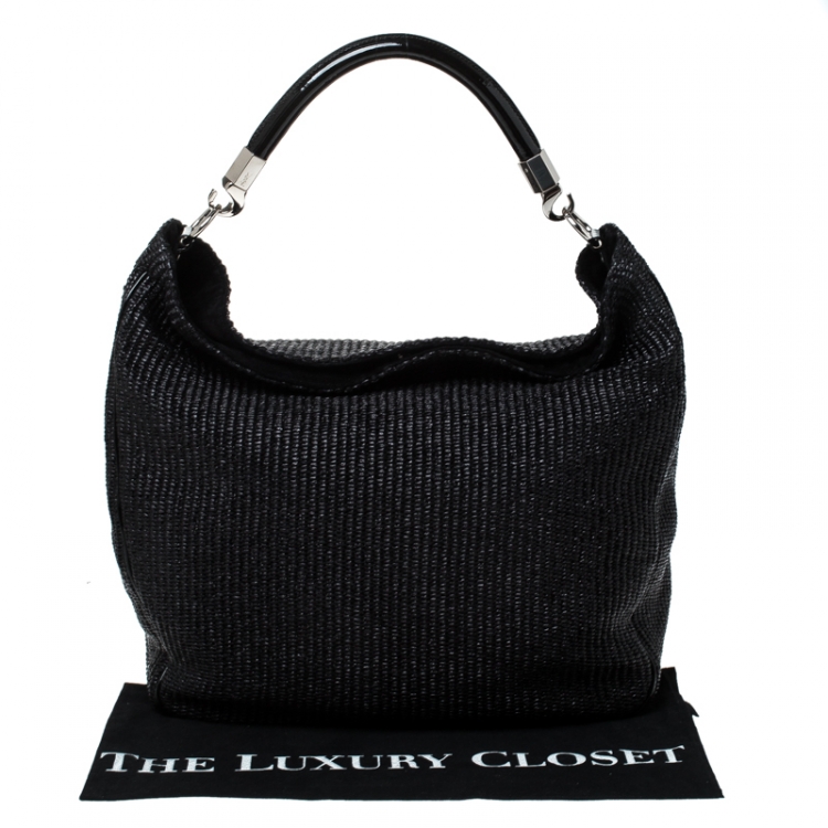 Pre Owned Saint Laurent Paris Black Raffia and Patent Woven Roady Hobo