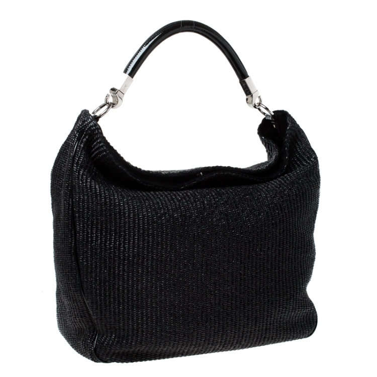 Pre Owned Saint Laurent Paris Black Raffia and Patent Woven Roady Hobo