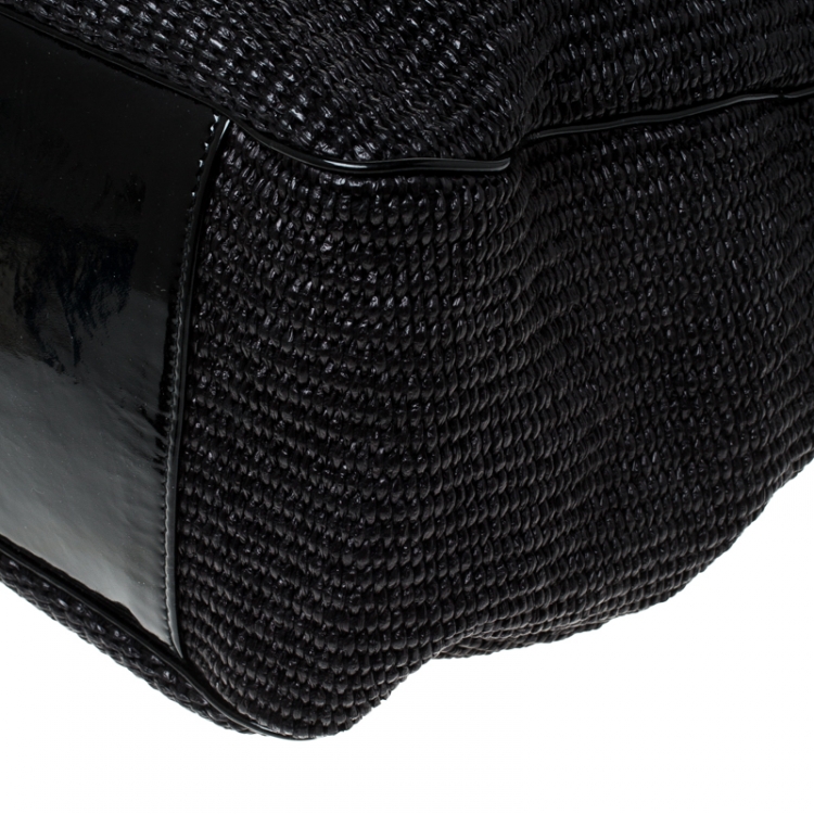 Pre Owned Saint Laurent Paris Black Raffia and Patent Woven Roady Hobo