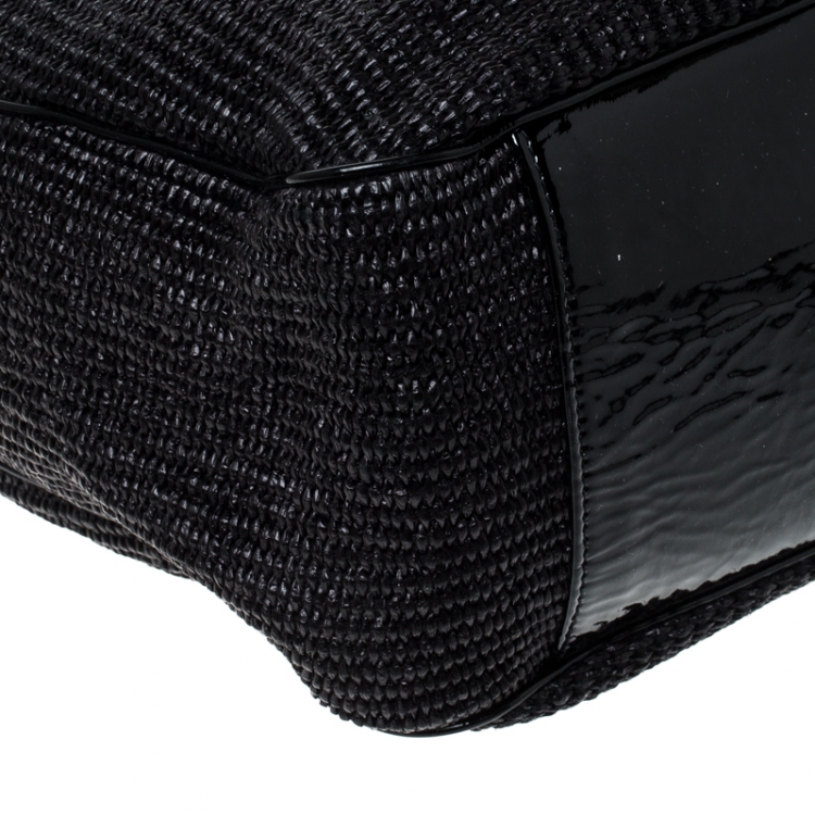 Pre Owned Saint Laurent Paris Black Raffia and Patent Woven Roady Hobo